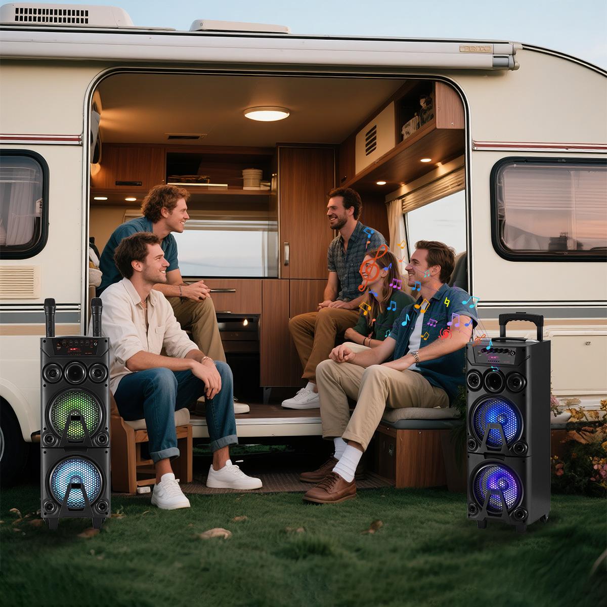 Portable Bluetooth Party Speaker Dual 8" Woofers Dual Wireless Microphones Wooden Cabinet TWS LED Light Rechargeable Stereo Wireless PA Speaker System Portable Bluetooth Party Speaker Dual 8" Woofers Dual Wireless Microphones Wooden Cabinet TWS LED Light Rechargeable Stereo Wireless PA Speaker System