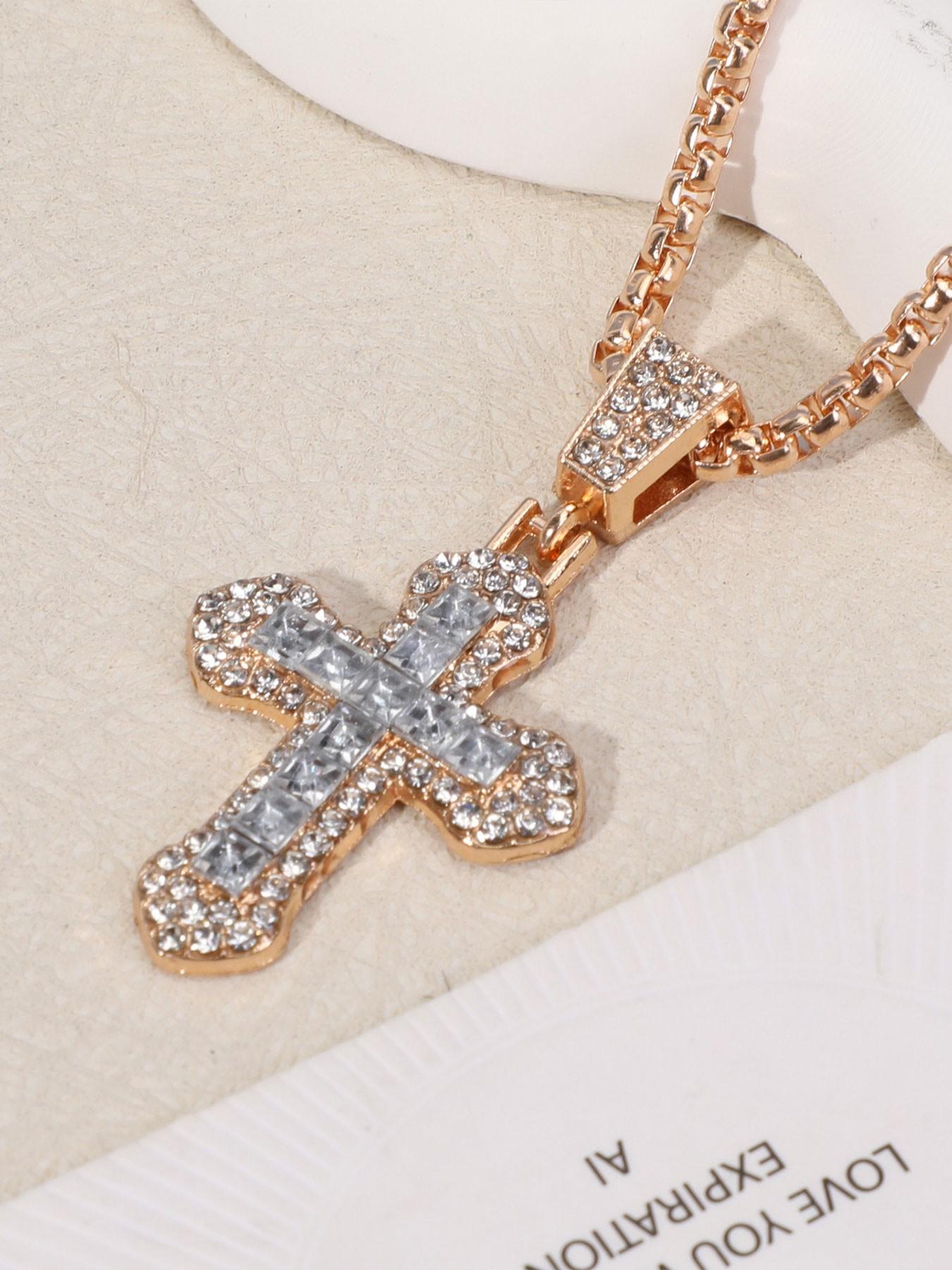 Cross Necklace Hip Hop Style Zircon Pendant Jewelry, Titanium Steel Versatile Chain, Full Diamond Inlay, Multi-Color Options, Fade-Resistant