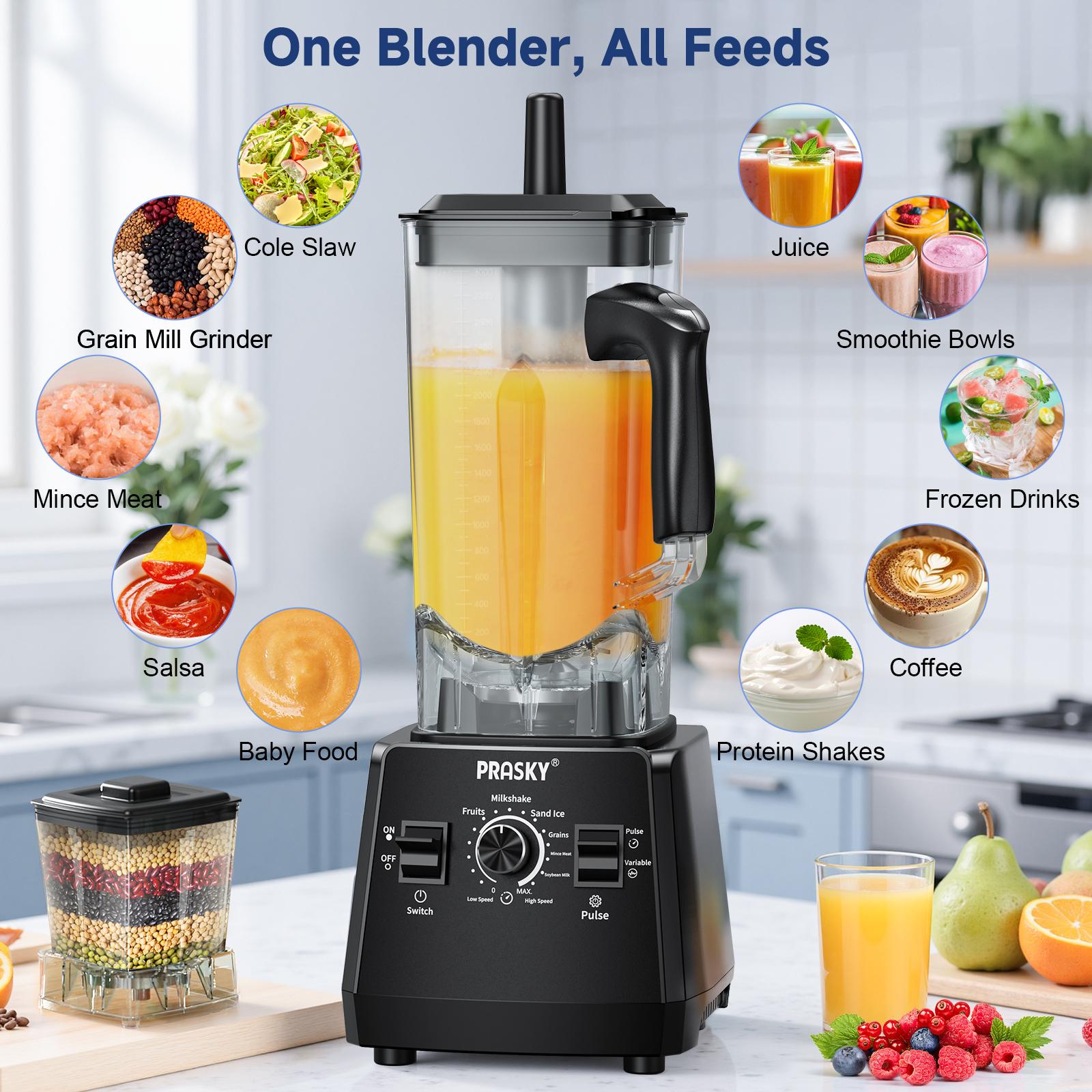 Prasky 102oz 2in1 Blender and Grinder for kitchen use, 2 Cups Large capacity Powerful Kitchen Blender 68oz BPA-Free 2 Containers Countertop Blenders, Crush Ice, Makes Sauces&Smoothie, Grinds Coffee& Spices - Ideal for Frozen drinks & daily blending needs Prasky 102oz 2in1 Blender and Grinder for kitchen use, 2 Cups Large capacity Powerful Kitchen Blender 68oz BPA-Free 2 Containers Countertop Blenders, Crush Ice, Makes Sauces&Smoothie, Grinds Coffee& Spices - Ideal for Frozen drinks & daily blending needs