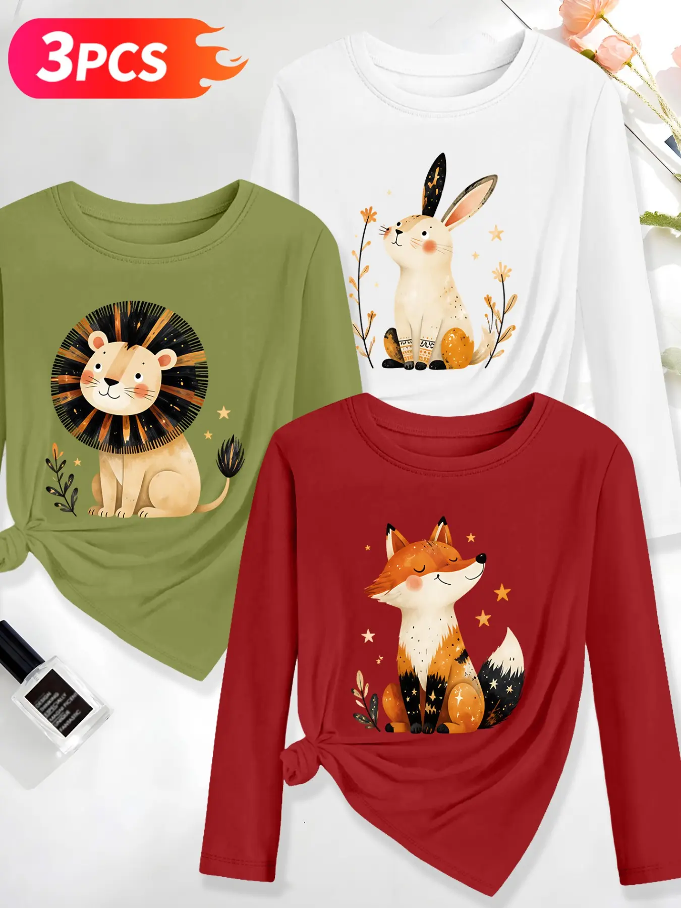 3Pcs Women Crew Neck Long Sleeve T-Shirt, Cute Fairy Tale Pet Print Watercolor Lion, Starry Rabbit & Fox Graphics, Multi-color Available, Machine Washable, Soft Skin-friendly Spring Autumn Daily Stylish Top