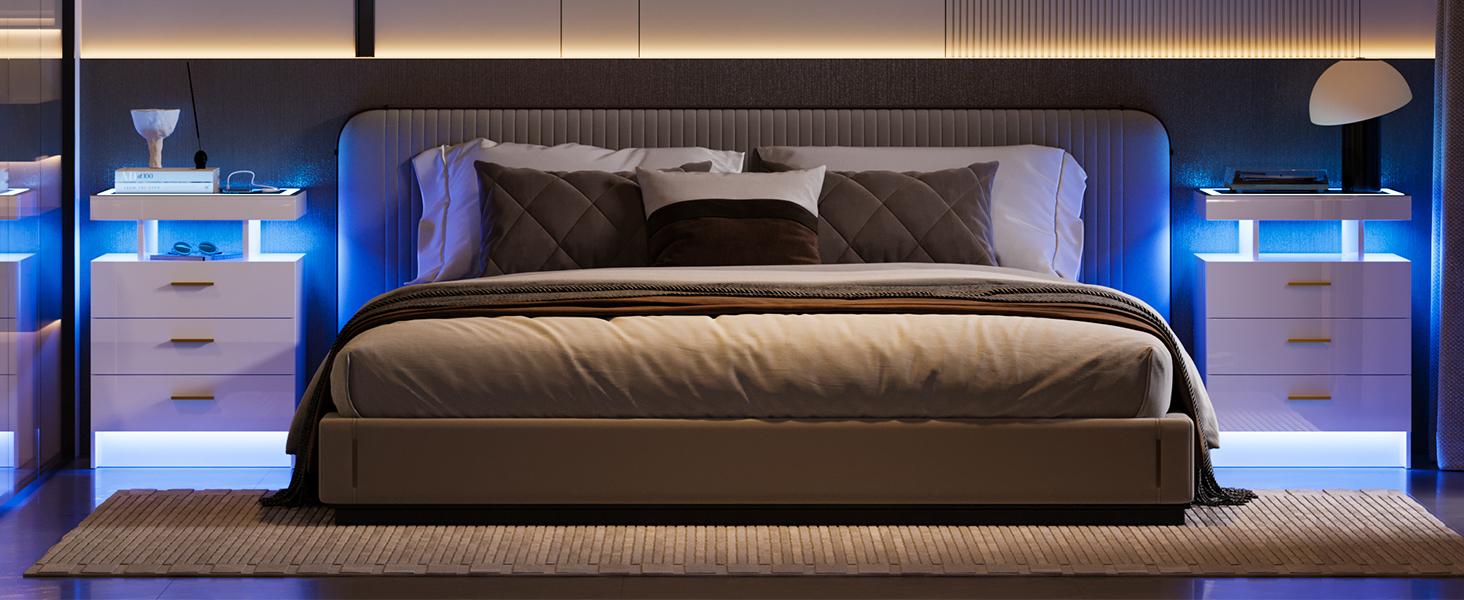 Vlsrka LED Nightstand with Wireless Charging Station, Auto Sensor 3 Color Dimmable Night Stand, Modern Bedside Table with 3 Drawers & 3 Open Compartments for Bedroom