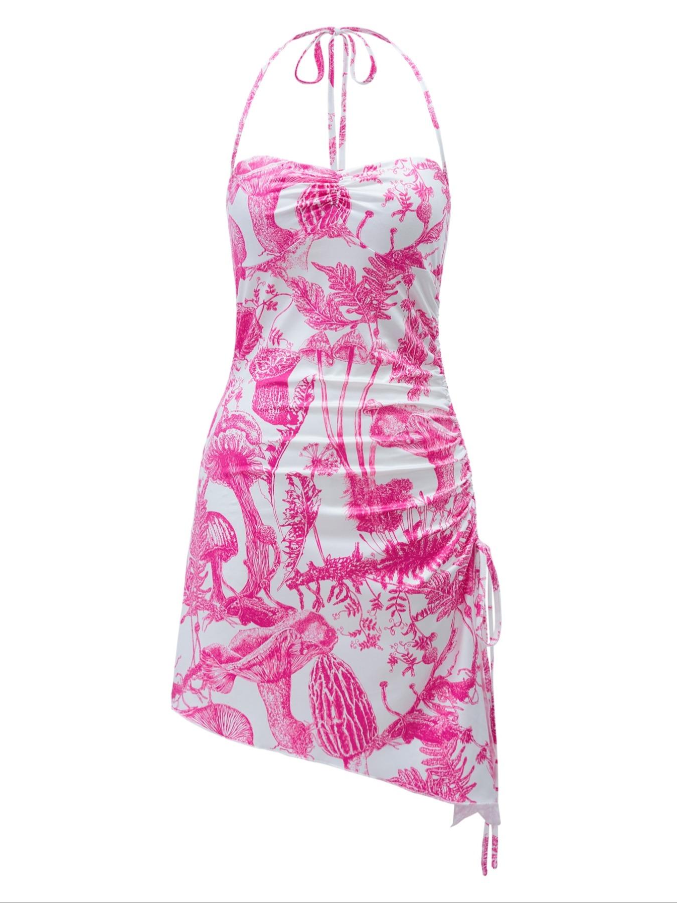 Women's All Over Print Ruched Drawstring One-piece Swimsuit, Casual Fashion Backless Tie Front Halter Swimwear for Beach Holiday Vacation, Ladies Swimsuit for All Seasons