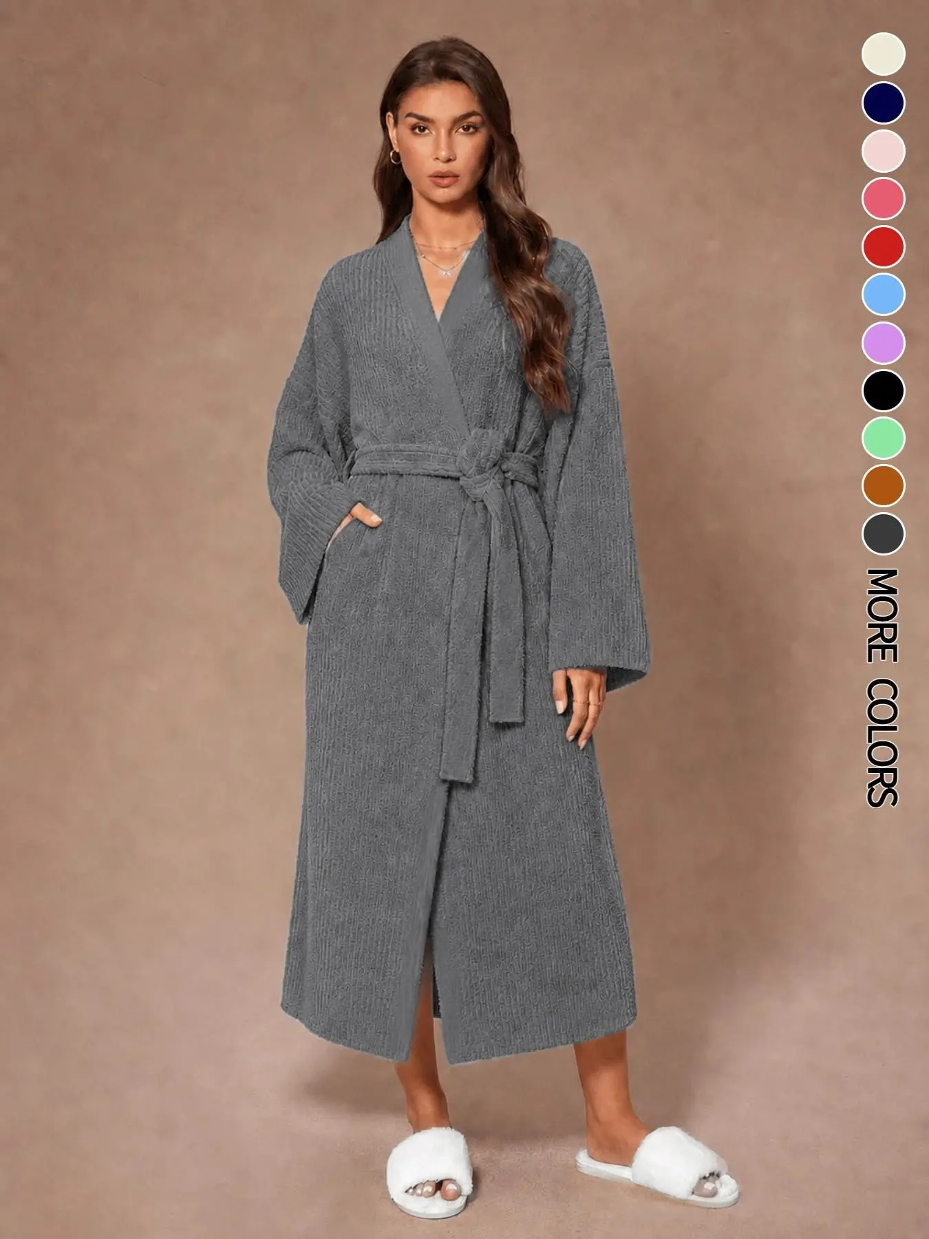 【COZY Soft Plush Feel】Women's Solid Color Thickened  Thermal Lined Long Sleeve Drop Shoulder Bathrobe, Oversize Loose Casual Soft Comfortable Thermal Warm Pocket Belted V Neck Dressing Gown for Women, Ladies Sleepwear for Winter