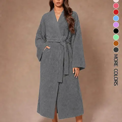 【COZY Soft Plush Feel】Women's Solid Color Thickened  Thermal Lined Long Sleeve Drop Shoulder Bathrobe Loose Casual Soft Comfortable Thermal Warm Pocket Belted V Neck Dressing Gown for Women, Ladies Sleepwear for Winter, Loungewear