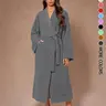【COZY Soft Plush Feel】Women's Solid Color Thickened  Thermal Lined Long Sleeve Drop Shoulder Bathrobe Loose Casual Soft Comfortable Thermal Warm Pocket Belted V Neck Dressing Gown for Women, Ladies Sleepwear for Winter, Loungewear