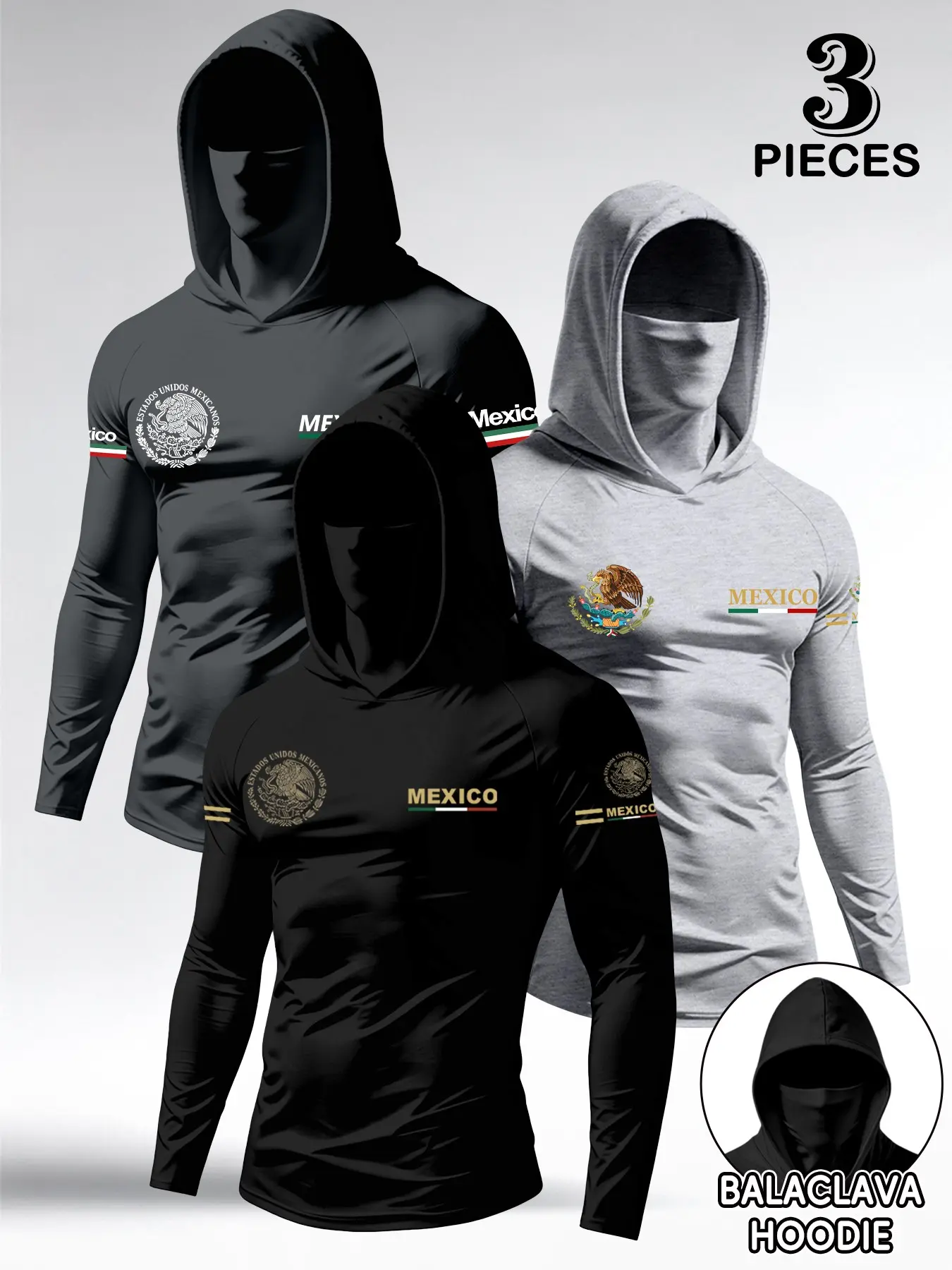 3-Piece Men's Half-Face Hooded Long Sleeve Shirt, Mexican Flag Print Tactical Style, Outdoor Cycling, Tactical Sports, Streetwear