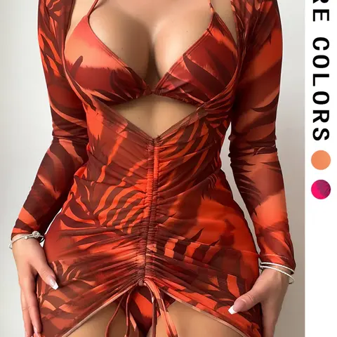 Sexy Leaf Print Halter Bikini Set, Swimsuit Style Bikini, Three-Piece Beach Vacation Swimsuit, Ruched Halter Swimsuit, Adjustable Straps, Summer Swimwear for Women, Leaf Print Swimsuits, Bikinis Set