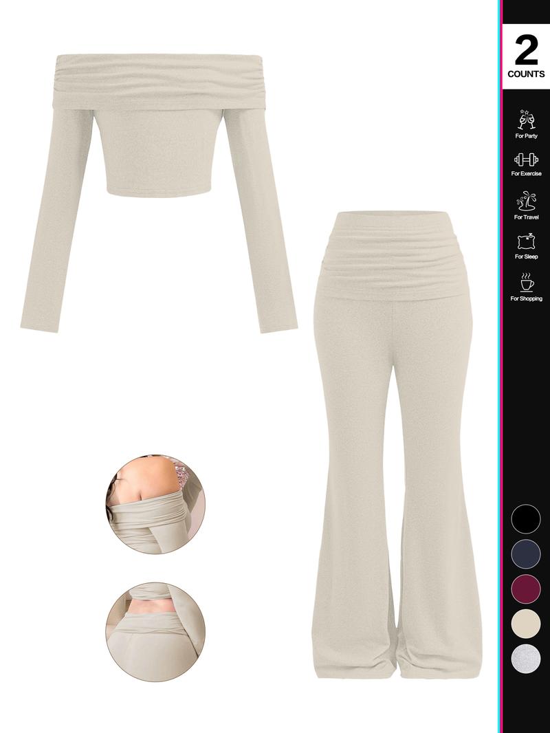 2026 Women's Solid Color Long-Sleeve Crop Top and Flared Pants Loungewear Set, One-Shoulder Top and Flared Pants, Women's Pajama Set