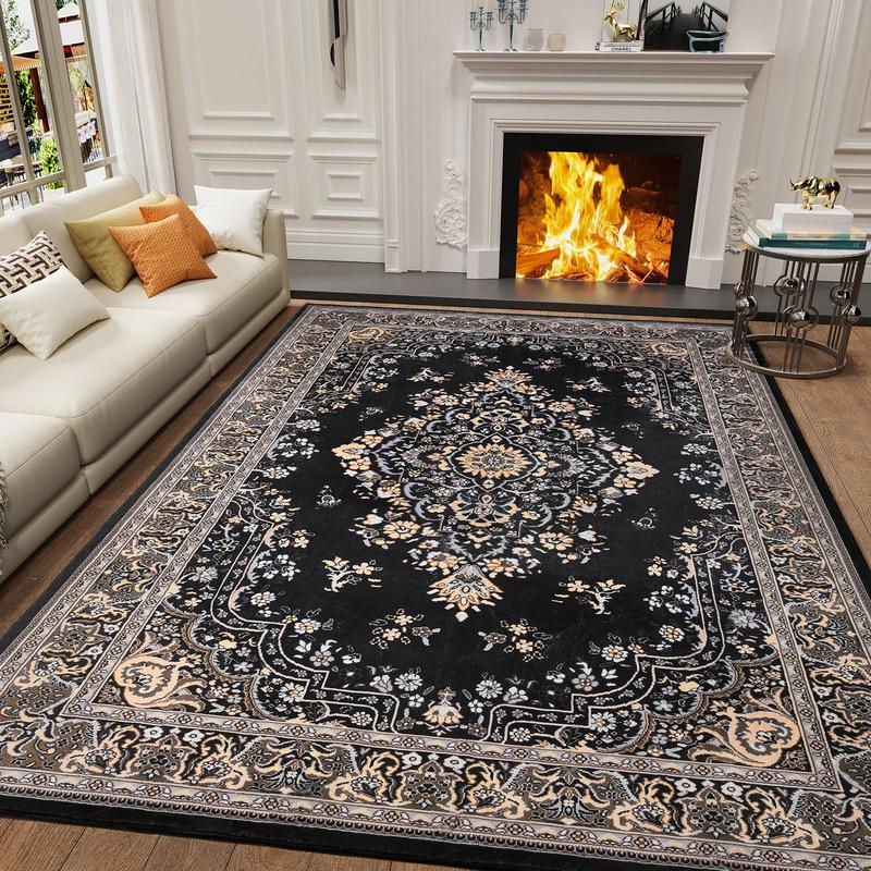 Washable Vintage Area Rug Non-Slip Low Pile Large Rug For Living Room, Bedroom, Farmhouse, Dining Room, Black, Grey, Blue, Green, Beige, 5x8, 7x10, 9x11 Feet