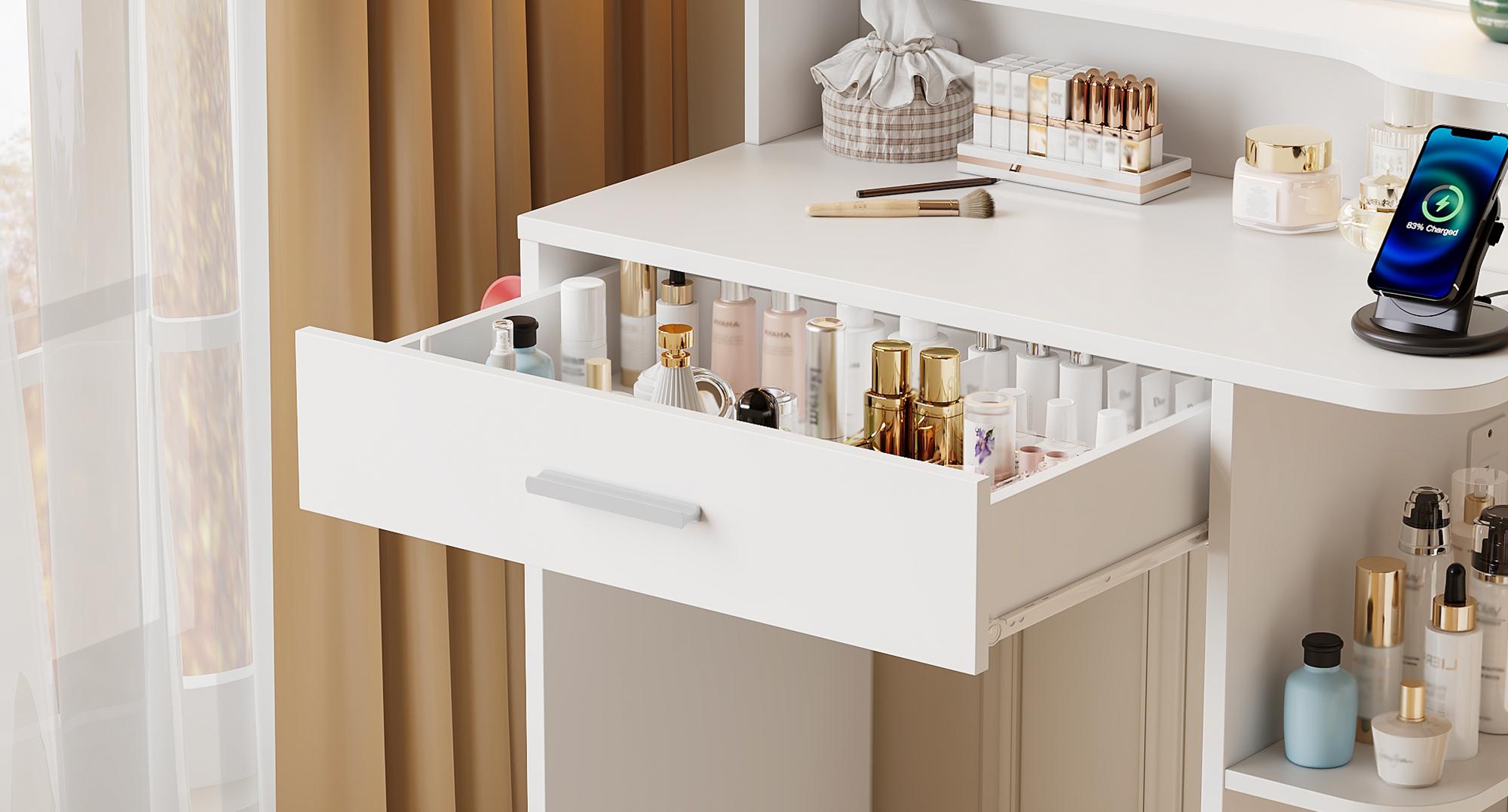 Linor Small Makeup Vanity Desk with Mirror and Lights, 26.4 Small Vanity for Small Space with Stool and Charging Station, Compact Vanity with 3 Color Lighting Modes (White)