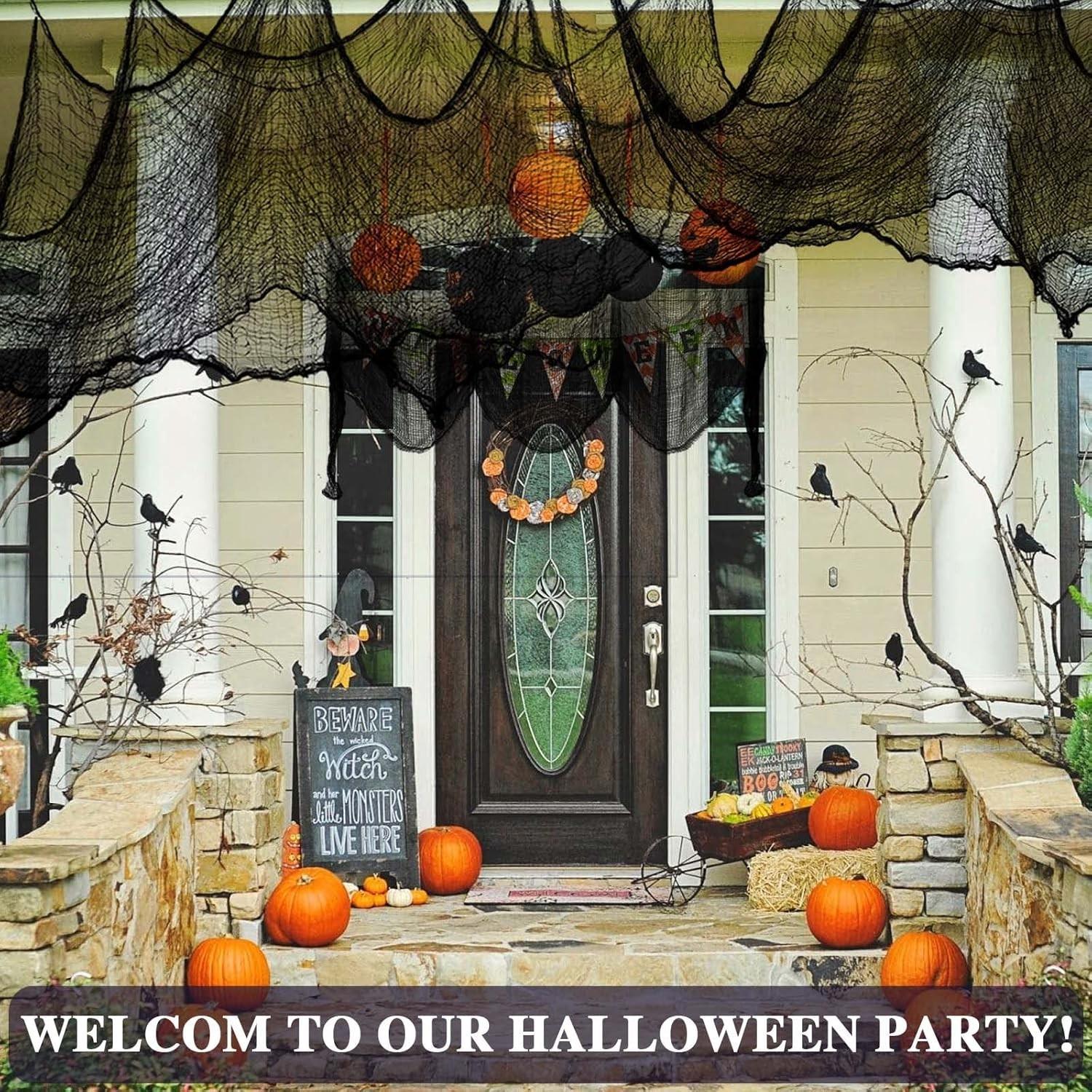 30x72-Inch Spooky Halloween Fabric, Eerie Gauze for Party Decorations, Packs of 2 or 4 with 40 or 80 Spiders, Easy to Use