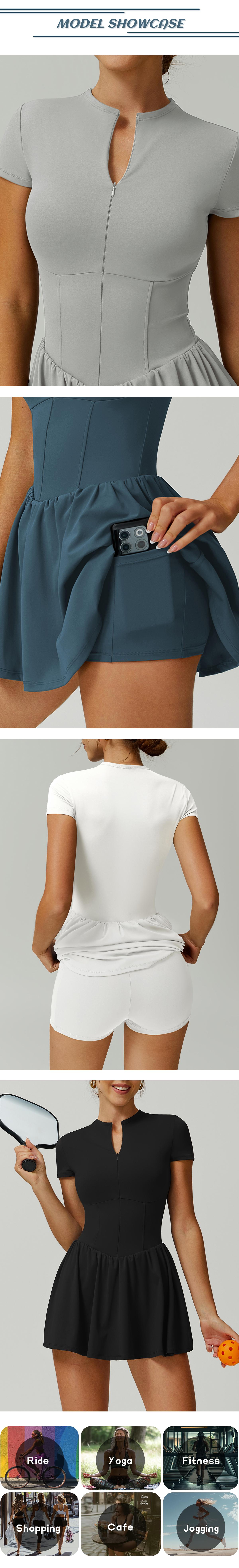 TIMEOFF Women's Short Sleeve Zip-Up Athletic Romper with Mock Neck & Flared Skirt Design for Summer Sports & Fitness Wear - Sporty Chic Dress Tennis Attire