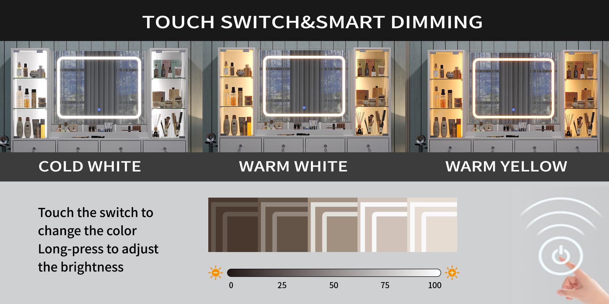 FUSOU 12 Drawers Makeup Vanity with Charging Station【Shipping By 2 Packages】Vanity Desk with LED Mirror & 2 Glass Cabinet, 3 Color Modes, Brightness Adjustable, Glass Top, Dressing Table with Chair for Bedroom (12 Drawers)