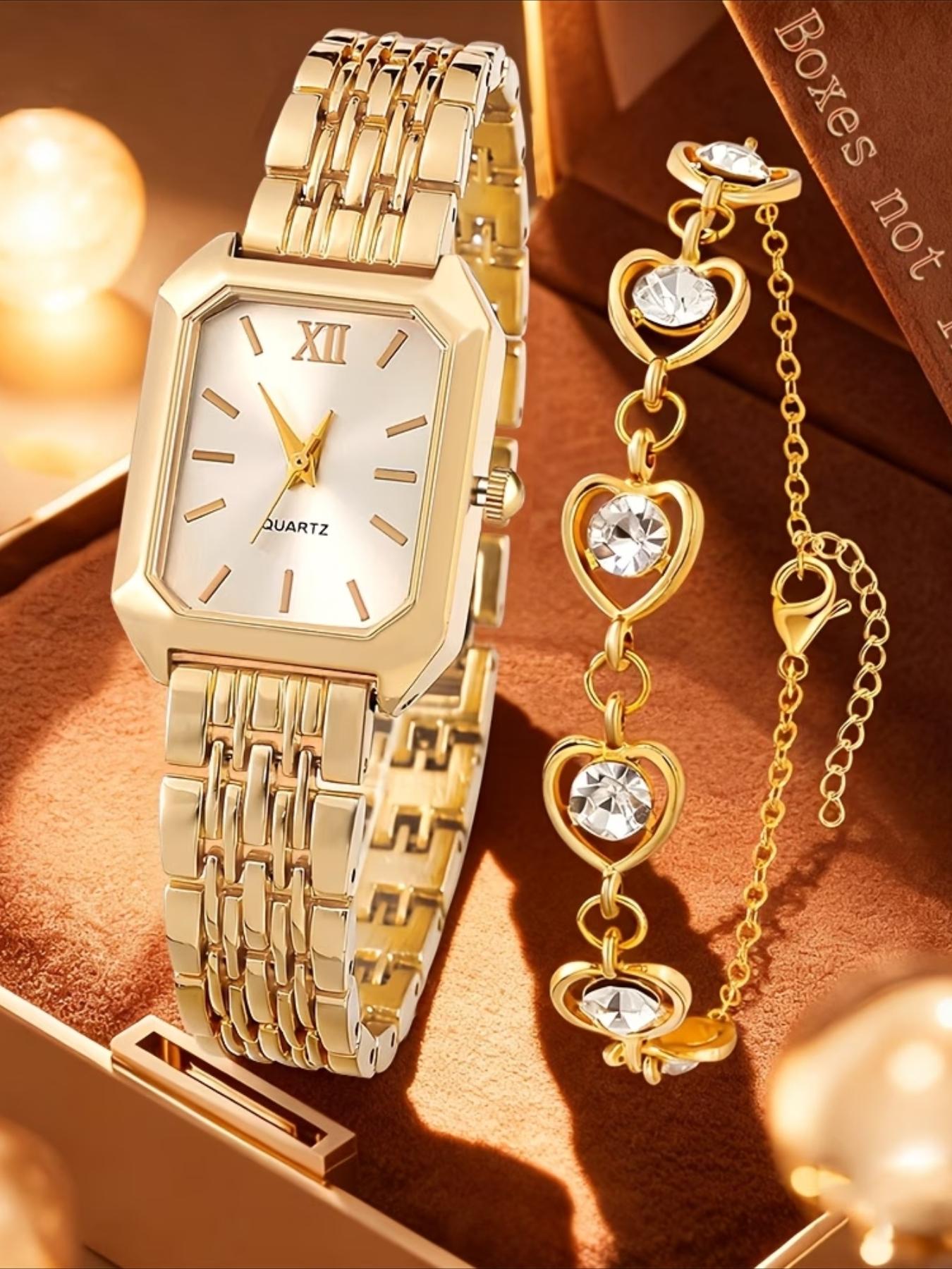 2-piece elegant ladies' watch gift set, fashionable, romantic, luxurious heart bracelet jewelry paired with palace style quartz watch, classic retro rectangular dial, comfortable alloy strap, perfect gift for family and friends