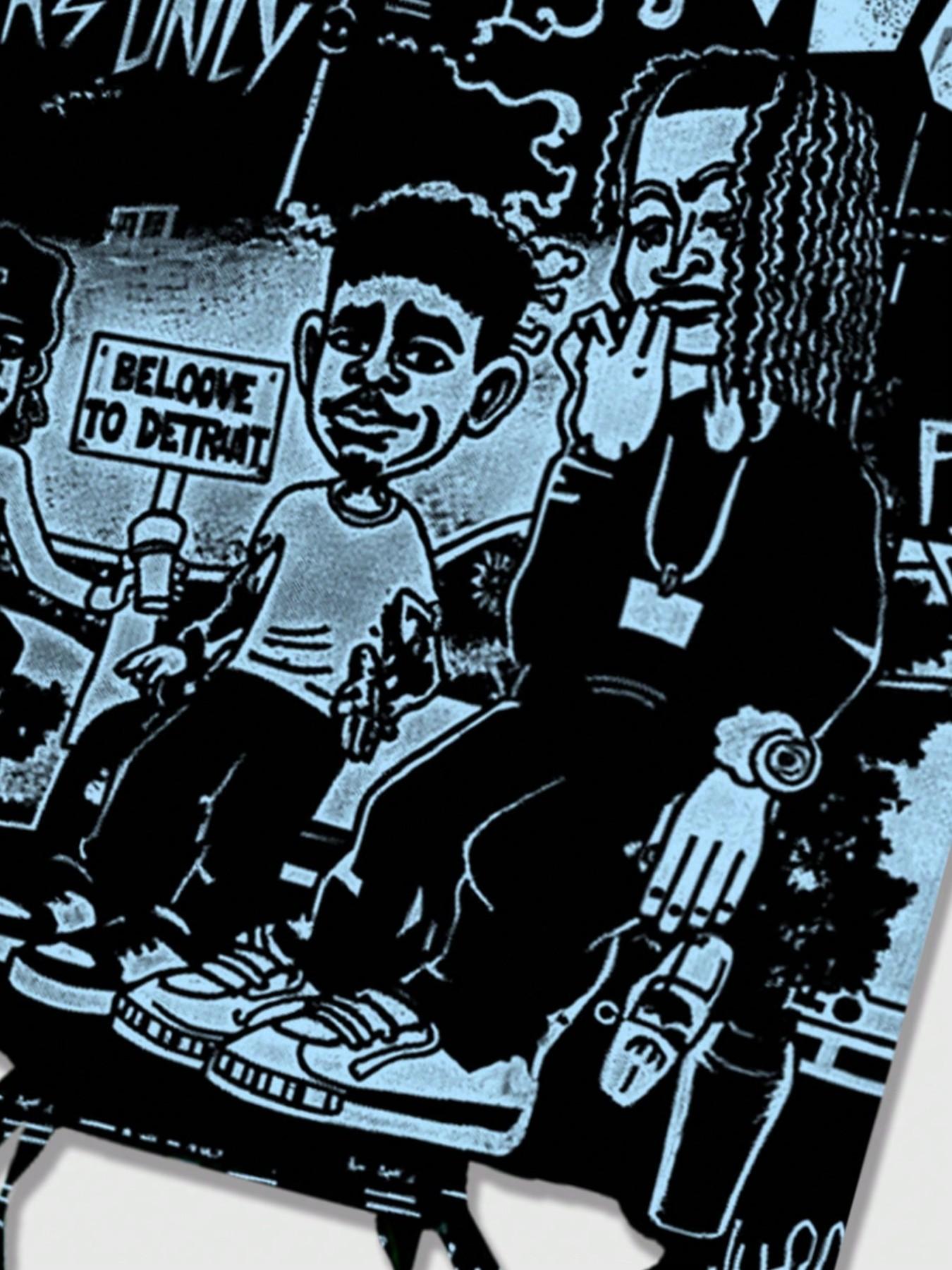 Cartoon line art Y2K style batwing sleeve T-shirt with loose fit, streetwear hip-hop portrait character print loose shirt unisex, European and American party club casual wear geometric aesthetic short sleeve