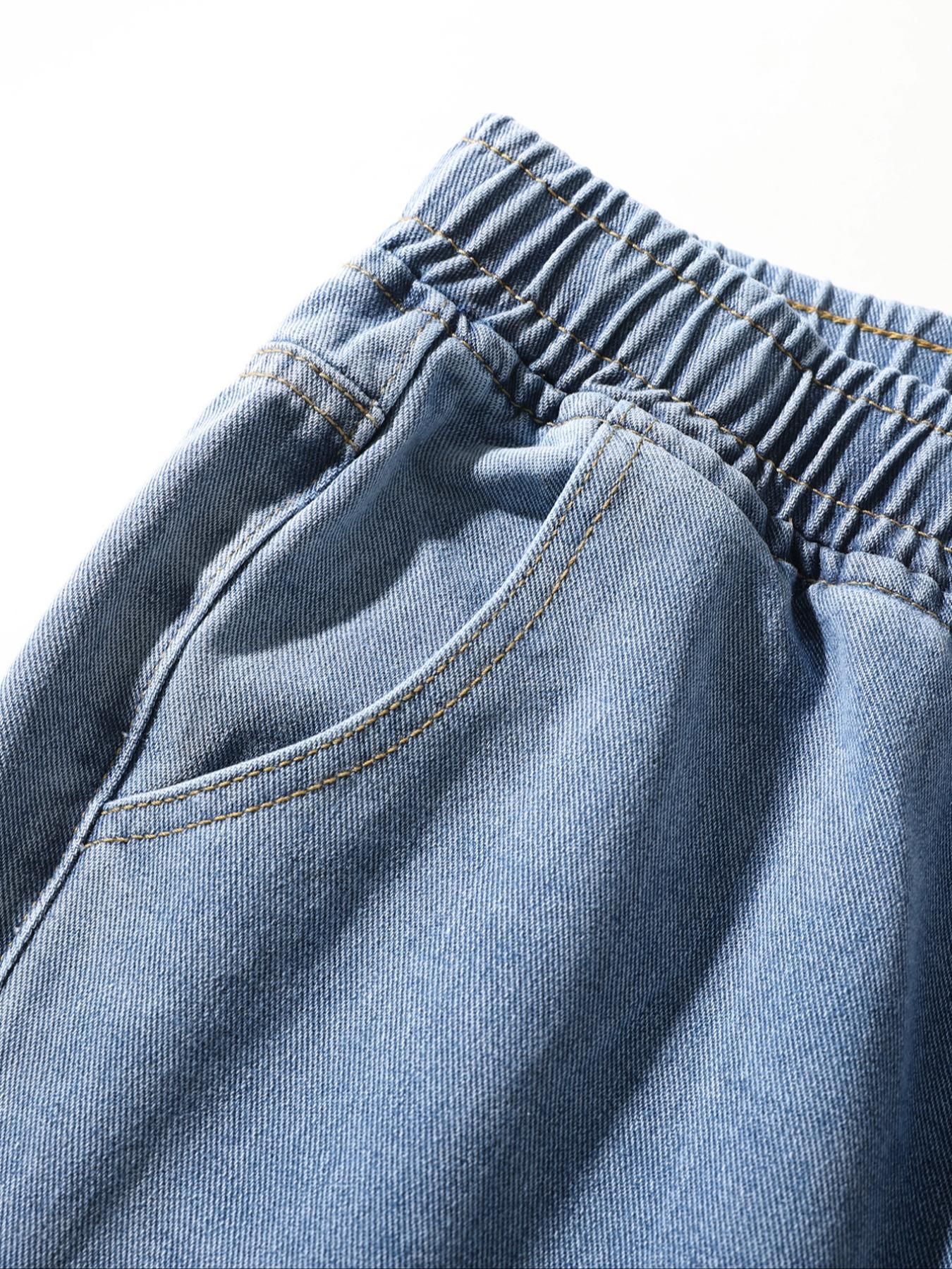 Men's Drawstring Elastic Waist Washed Straight Leg Jeans, & Blue, 2 Piece Set, Casual Daily Wear, All Seasons