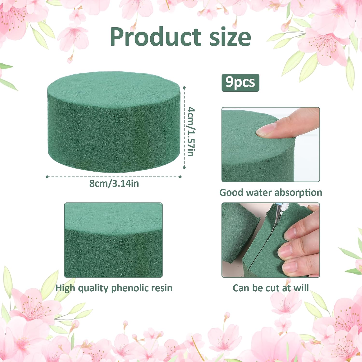Green Floral  Blocks 9 count Round Flower  Blocks Wet and Dry Foams  Arrangements 3.1"x 1.5" Wet Dry Florals Foams for Flower Box Florist  Wedding Birthdays Decoration