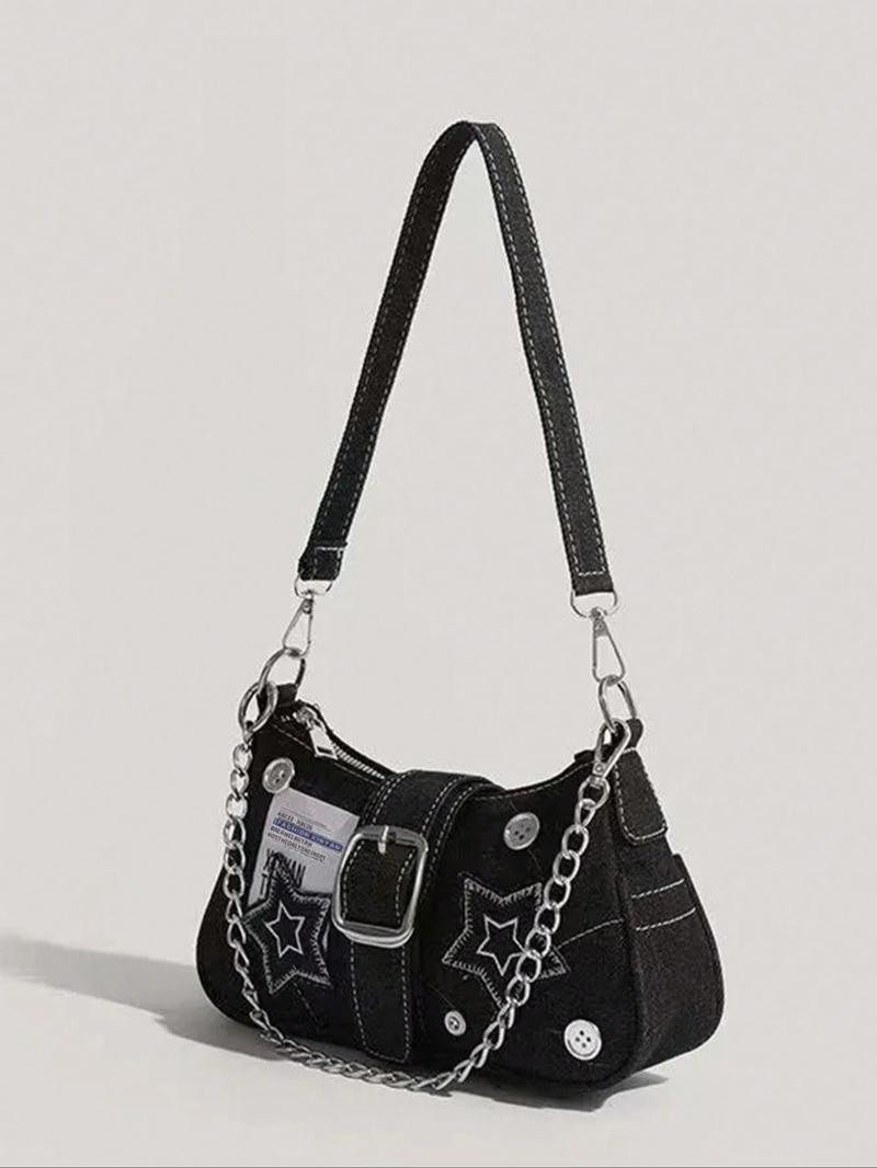 Women's Fashionable Star Patched Shoulder Bag, Vintage Y2K Style Chain Decor Underarm Bag for Daily Used, Casual Trendy Versatile High-quality Daily Commuting Bag, Crossbody Chain Bag