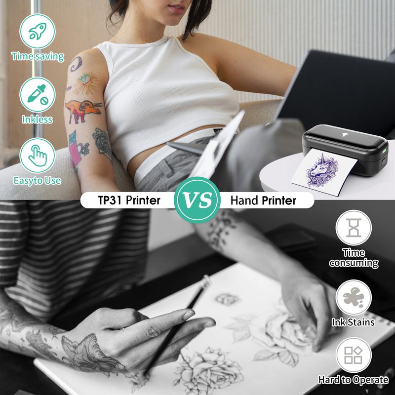 TP31 Mini Tattoo Stencil Printer, with 30pcs Transfer Paper,Battery super endurance,Bluetooth Phomemo Tattoo Machines Printer for Tattoo Beginners & Artists, Compatible with Tablet,Smartphone