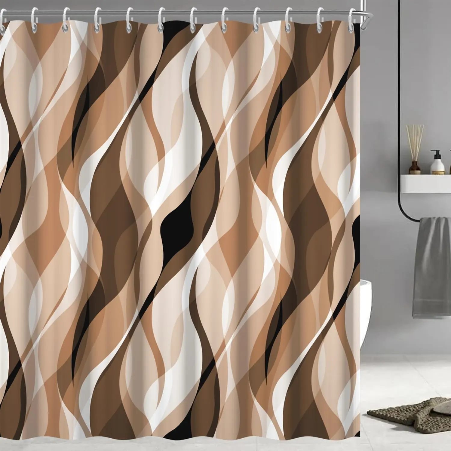 Brown Shower Curtain, Modern Abstract Grey and Brown Striped Shower Curtain Set for Bathroom Waterproof Tan Shower Curtain with Hooks, 72x72 Inch
