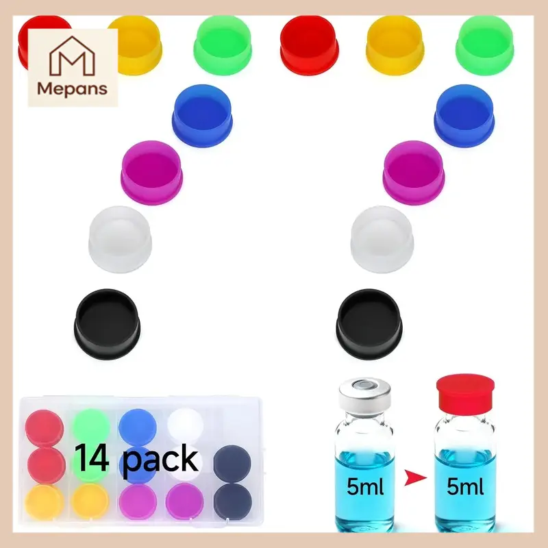 14-Pack Modern Default Glass Vial Organiser Set - 7-Color 5-100ml Protective Caps for 5ml/10ml/20ml/30ml Vials, Fridge Storage Case Compatible Covers (Home Organizer Supplies)