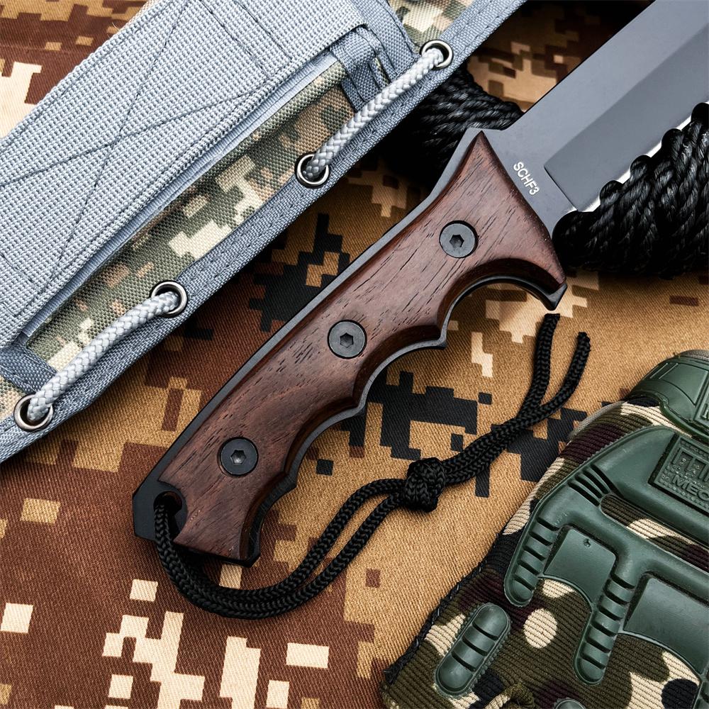 Outdoor multi-functional tactical survival straight knife, ergonomic chickenwood handle, high-hardness black-coated 7Cr13Mov blade, camouflage nylon sheath, suitable for jungle exploration, camping hiking, wilderness survival, Survival Gear