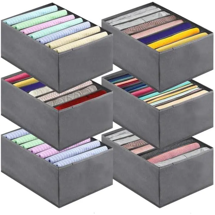 6 PACK Jeans Organizers for Closet, Foldable Wardrobe Clothes Organizer, Stackable Closet Clothes Drawer Organizer Tshirts with 7 Grids for Leggings, Sweater, Jean, Pants, Grey