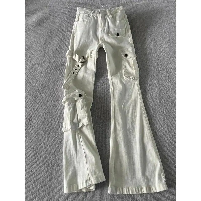 Y2K White Cargo Flare Pants for Women High Waist Buckle Strap Vintage Streetwear Casual Wide Leg Trousers Y2k Fashion Outfits