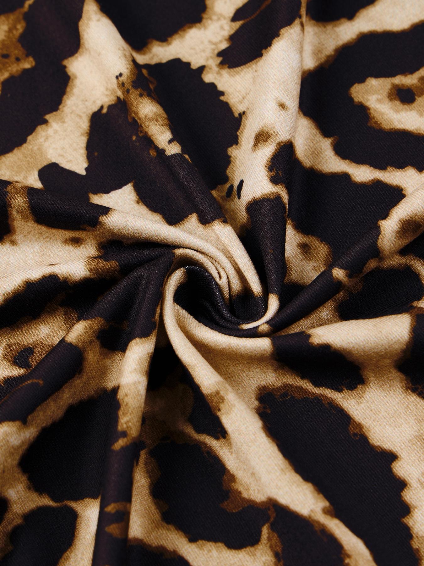 Women's Leopard Print V Neck Lace Trim Ruched Split Bodycon Midi Dress, Elegant Slim-Fit All-Season Formal Fashion, Perfect for Parties & Events