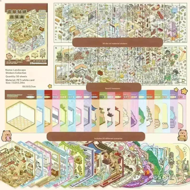 DIY 3D Sticker Scene Collection Book，Mini Scenery Sticker Book, 1 Set Miniature House Sticker with 20 Scene Cards and 30 Stickers, Journal Supplies, Cartoon Stickers, Decorative Scrapbook, Artistic Craft, Phonecase Sticker Collection