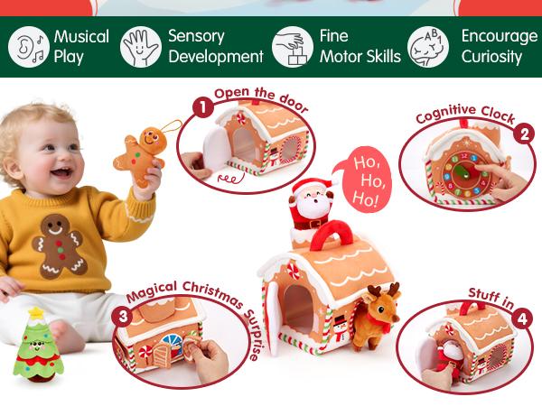 hahaland My First Christmas Gingerbread House Cottage Toy Set for Baby 6-18 Months Musical & Sensory Plush Toys with Santa Reindeer Rattles Early Learning Development 7-Piece Holiday Gift