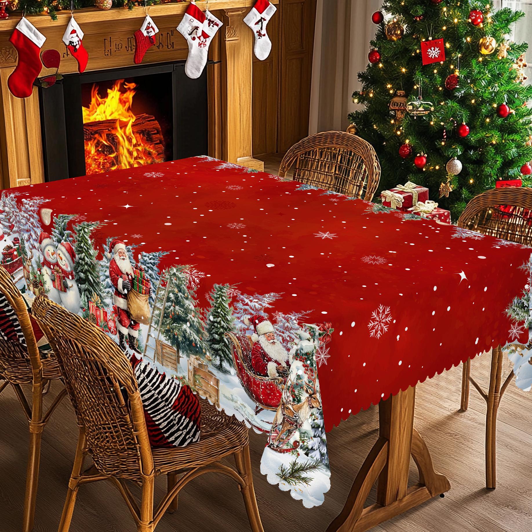 PLUMLIK Red Christmas Tablecloth with Santa Claus, Reindeer, Snowman Patterns, Christmas Decor 2025, Christmas Party Decoration for Indoor&Outdoor, Vintage Round Rectangular Table Cloth, Holiday Home kitchen Festive Decor, Christmas Gifts