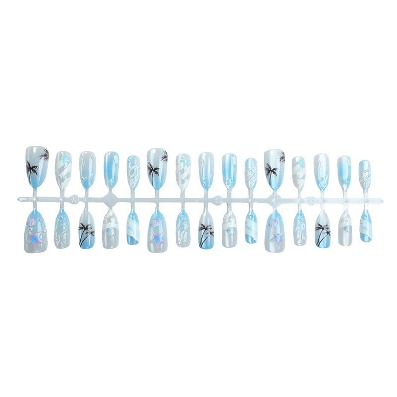 Summer Island Style Blue Cat Eye Nail Tips, 3D Starfish Shell Palm Decor, Transparent Gradient Wave Pattern, Medium-Length Almond Nails