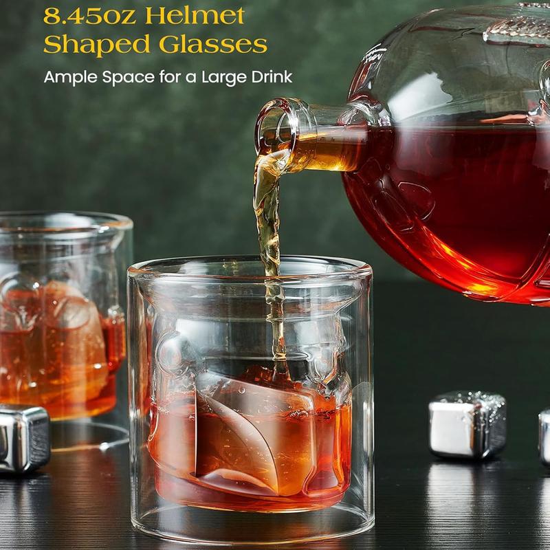 Helmet Whiskey Decanter Set, 34oz Lead-Free Glass Liquor Bottle With 2 Glasses & 4 Whiskey Stones, Unique Bourbon Decanter Gift For Dad, Men, Home Bar, Perfect For Spirits, Birthday Halloween Christmas Gifts