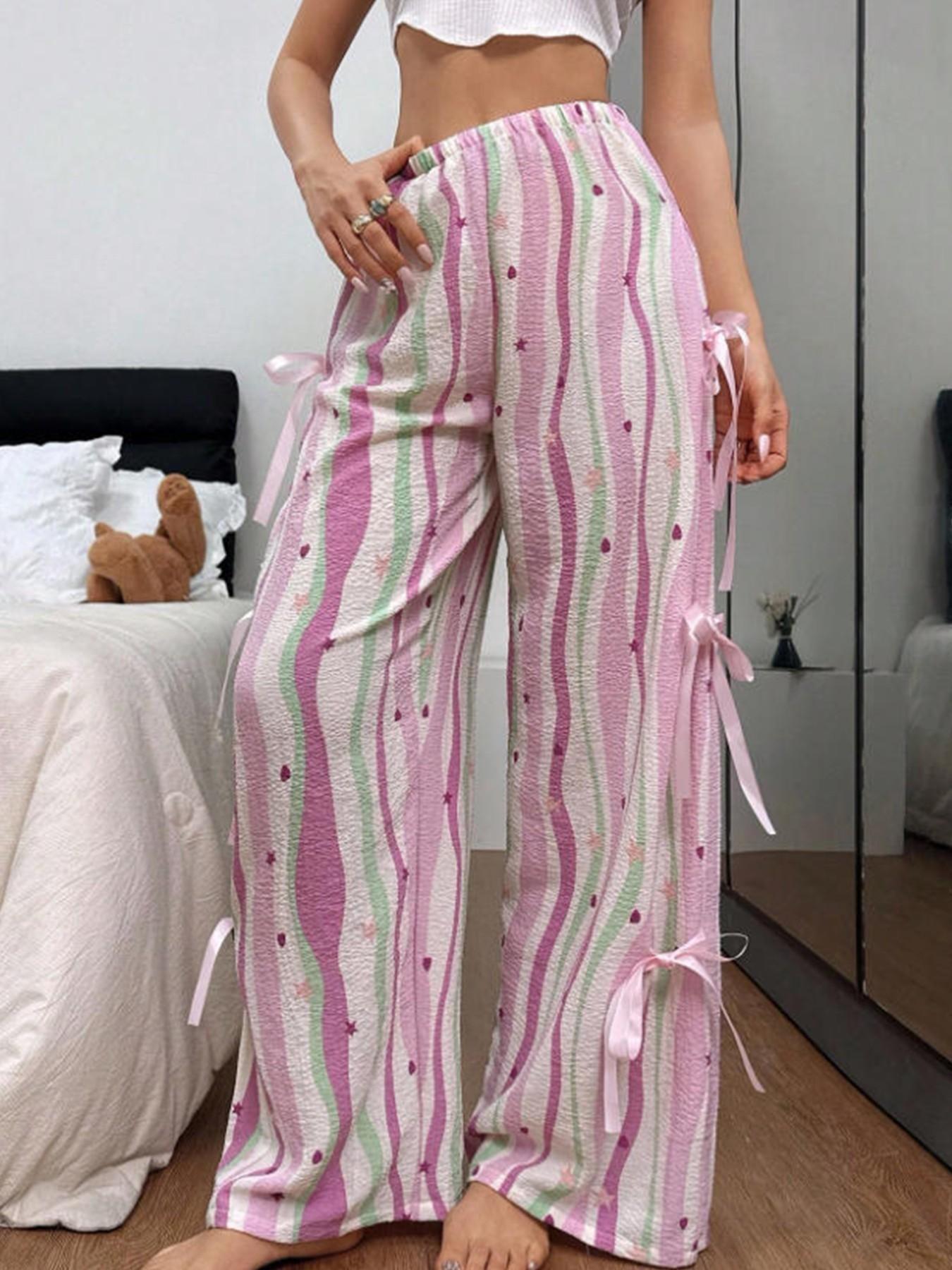 Women's Multicolor Striped Plaid Wide Leg Pants, Side Bow Tie Long Pants, Sweet Heart Star Print Casual Trousers, Bottoms