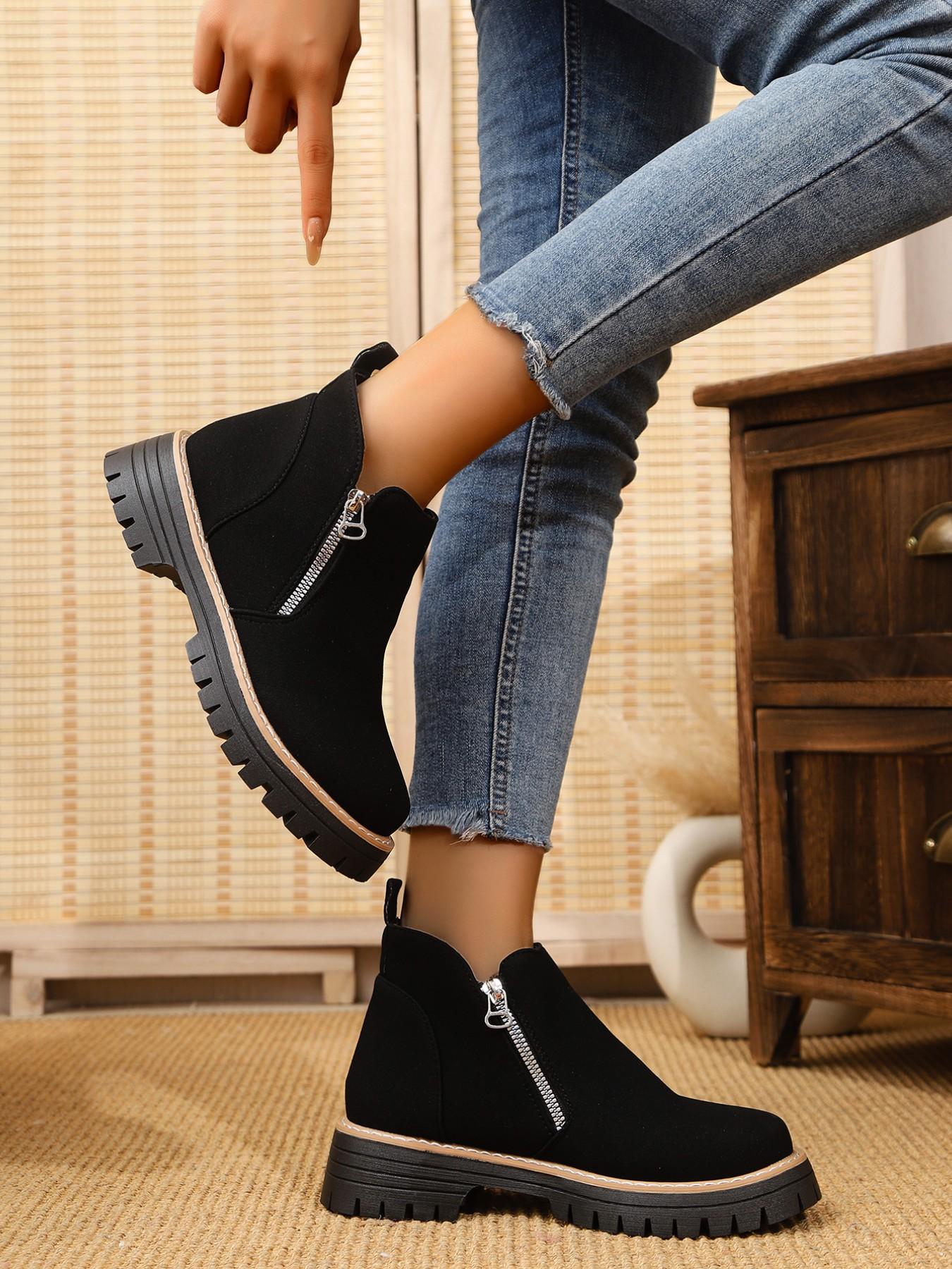 Women's Vintage Textured Thick Sole Chelsea Boots, Side Zipper Easy On/off, Height-Boosting Round Toe Short Boots, Anti-Slip Comfortable Outerwear