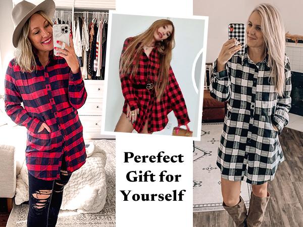 Women's Flannel Plaid Shirts Roll Up Long Sleeve Collared Button Down Boyfriend Shirts with Pockets Blouse Casual Cotton Top Womenswear Check Dress Elegant Lightweight Loose