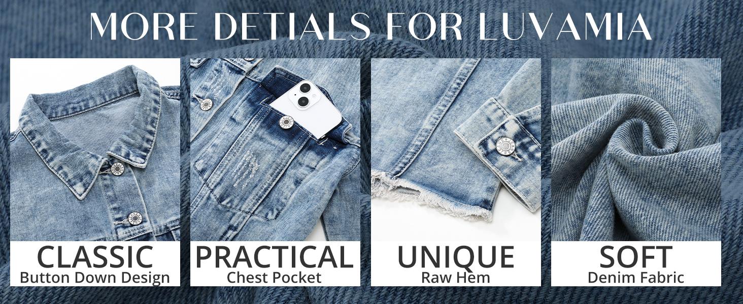 Luvamia Women's Denim Jacket Distressed Jean Button Up Vintage Western Trucker Frayed Hem Pockets Casual Coats Collared Long Sleeves Soft Denim Material Outerwear