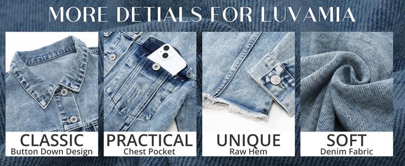Luvamia Women's Denim Jacket Distressed Jean Button Up Vintage Western Trucker Frayed Hem Pockets Casual Coats Collared Long Sleeves Soft Denim Material Outerwear Luvamia Women's Denim Jacket Distressed Jean Button Up Vintage Western Trucker Frayed Hem Pockets Casual Coats Collared Long Sleeves Soft Denim Material Outerwear