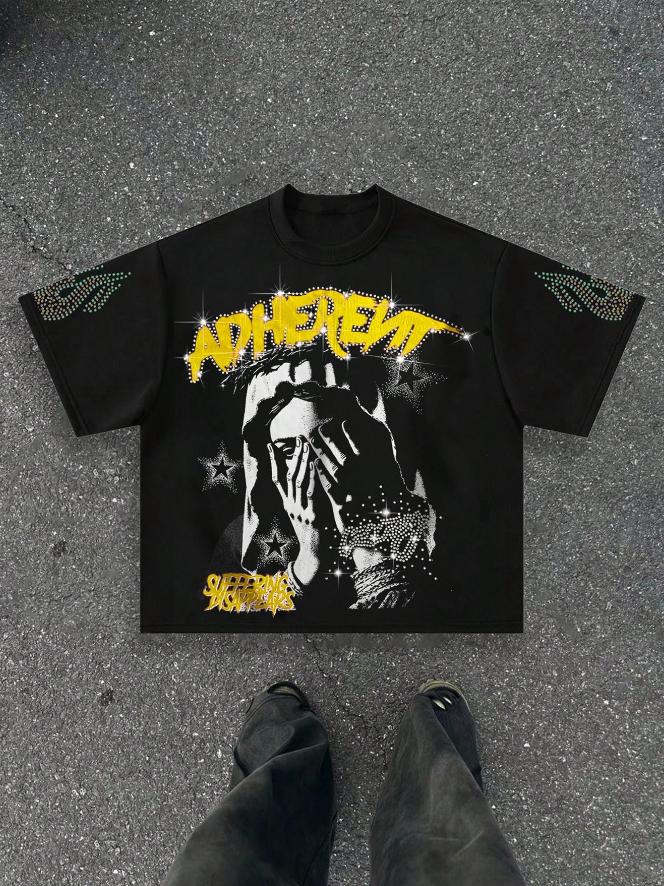 Adherent Loose Rhinestone T-Shirt, Round Neck, Face Print + Rhinestone Font, Soft Cotton Blend Fabric, Y2K Gothic Style, Casual, Daily Wear, Party, City Essential, Streetwear, Menswear