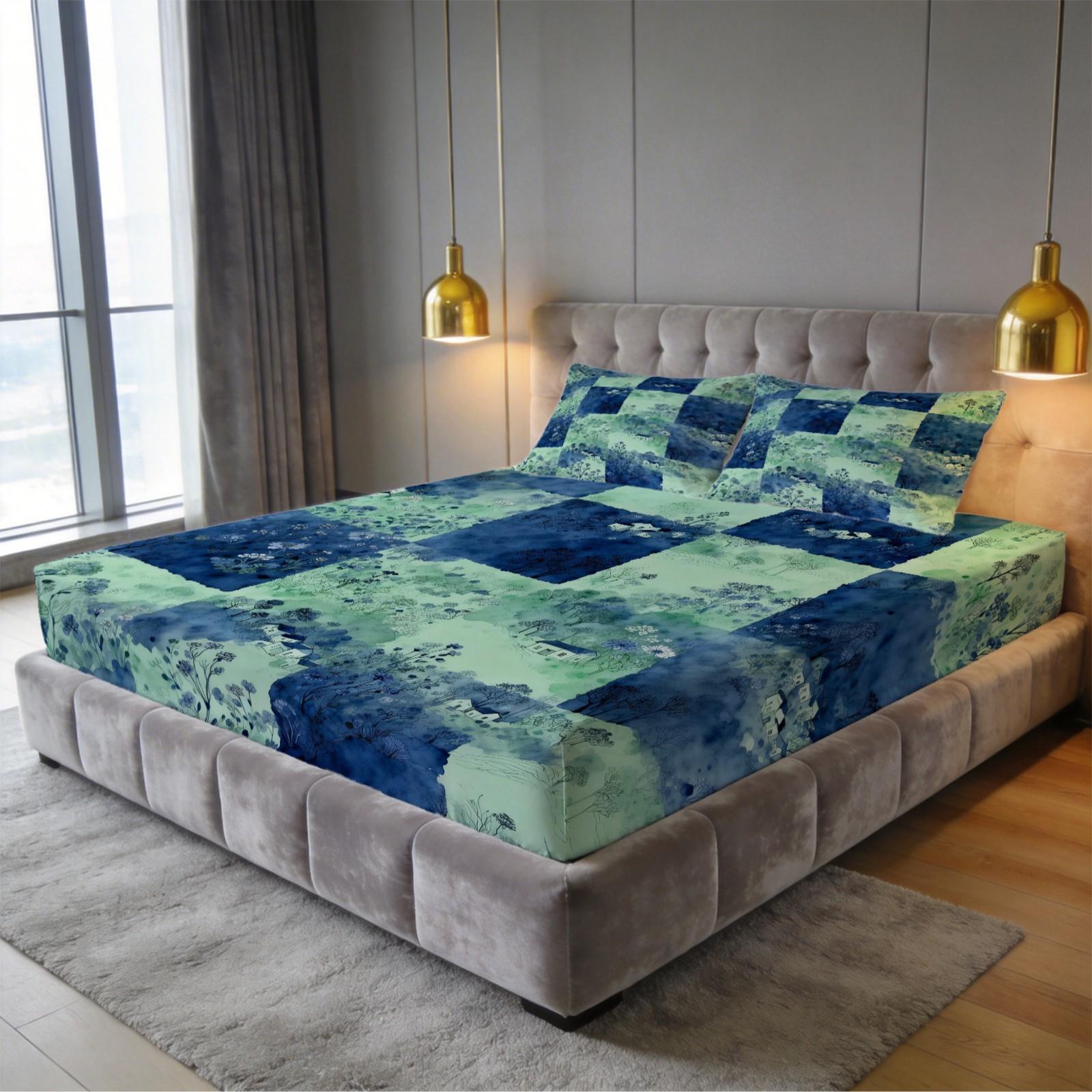 3 Pcs Watercolor Landscape Checkered Fitted Sheet Set, HD Digital Printed Fitted Sheet (No Insert), Soft Breathable Deep Pocket Mattress Cover, Aesthetic Bedroom Decor Bedding Set