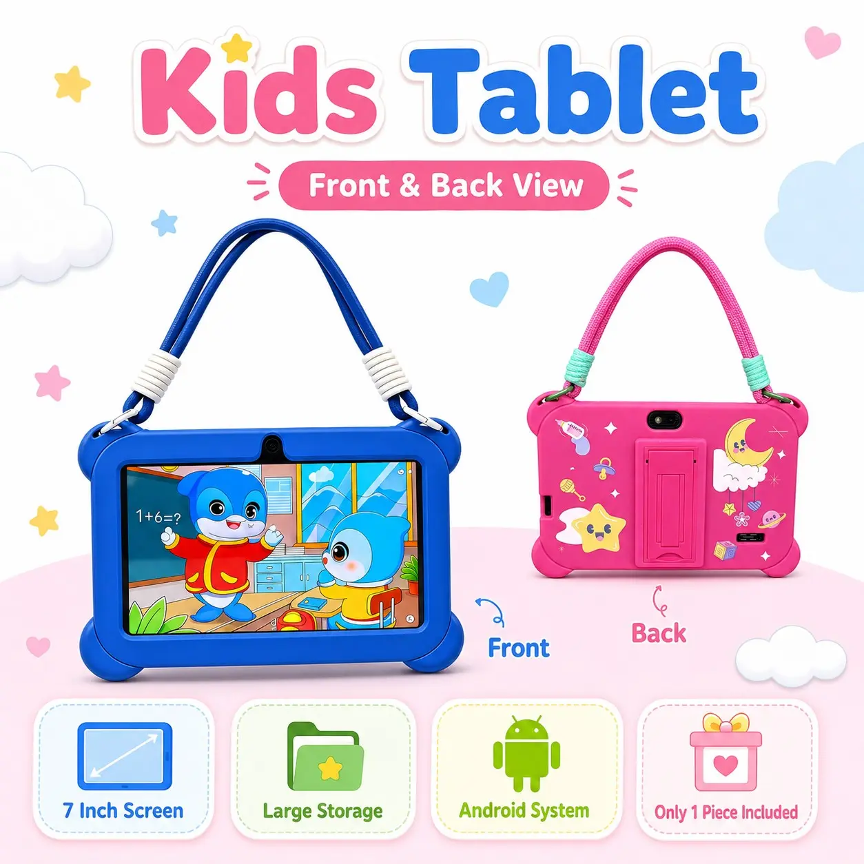 Tablet 7 Inches, Android Os, Dual Cameras, Quad-Core Processor, 16GB Storage, WiFi & Bluetooth-compatible, Shockproof Case, Ideal for Learning and Entertainment