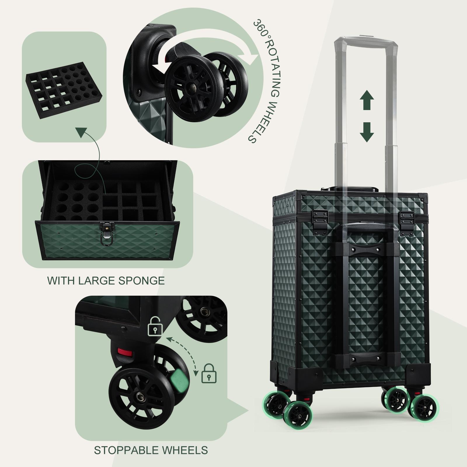 Joligrace Rolling Makeup Train Case Professional Cosmetic Trolley Nail Polish Organizer with 2 Large Drawers, Makeup Pouch for Artists Nail Technician Salon Cart Trunk Black