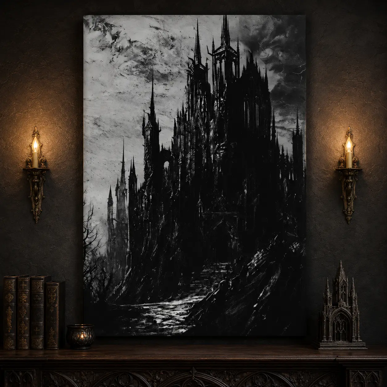 Dark Gothic Castle Canvas Wall Art Poster,Black and White Fantasy Painting, Medieval Haunted Castle Decor for Bedroom Living Room Study, Gothic Home Decor Gift