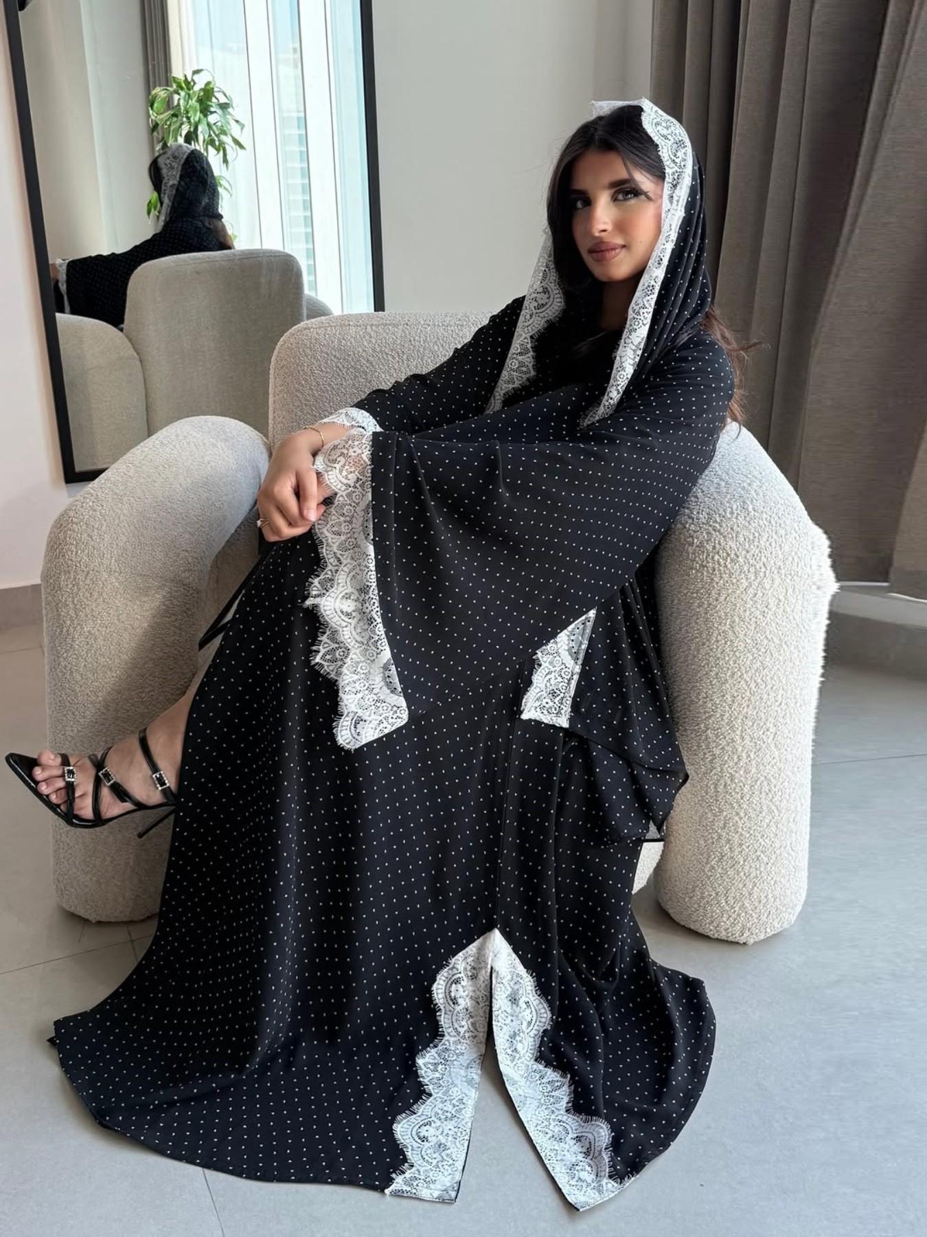 New Muslim Women's Long Robe, Loose Fit, Includes Headscarf, Polka Dot, Lace Design, Split, Two-Piece Set, Casual Daily Wear, Elegant Islamic Clothing, Abaya Hijab Set, Islamic Modesty Clothes