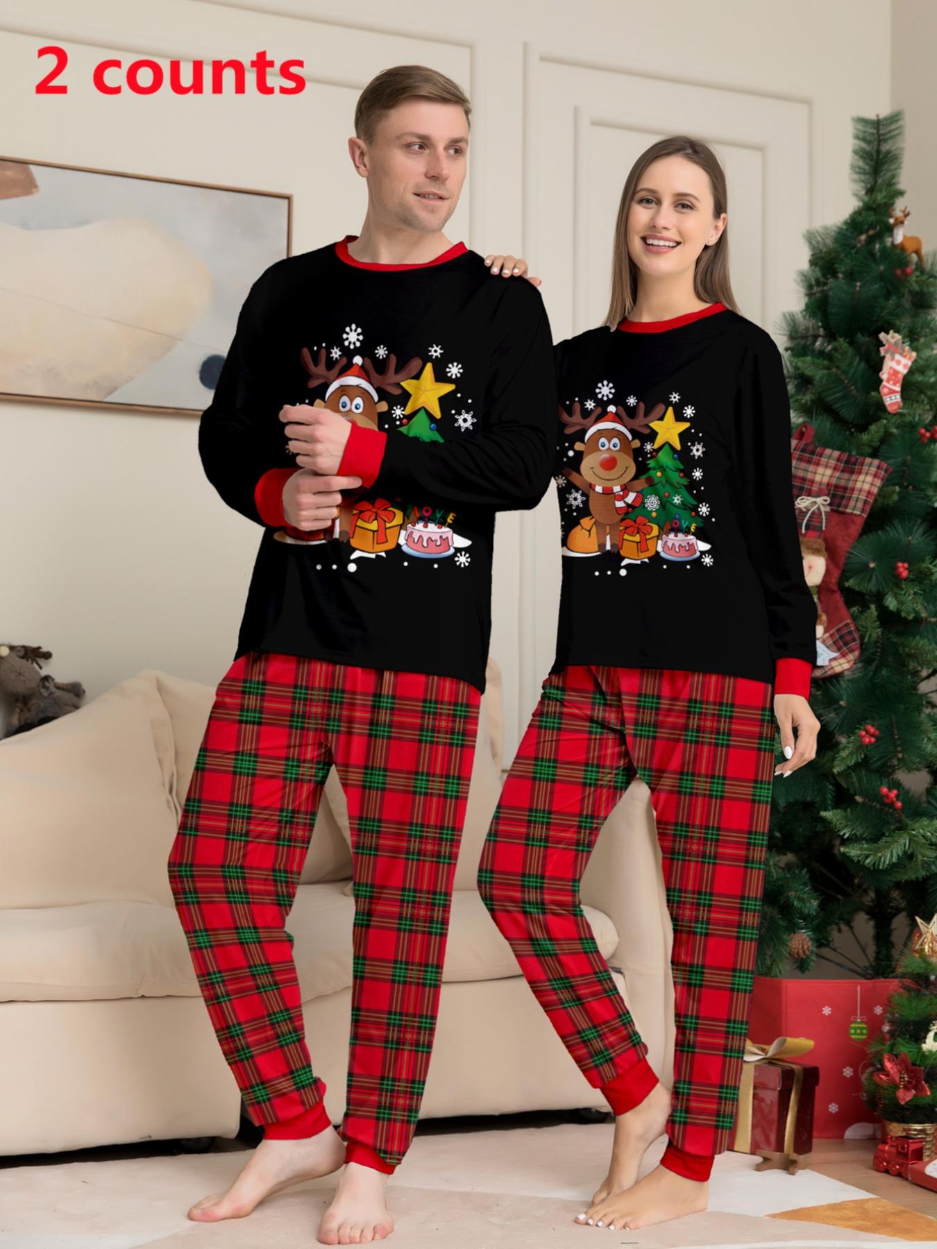 Couple's Christmas Themed Print Pajama Two-piece Set, Casual Comfy Long Sleeve Top & Elastic Waist Pants PJ Set, Men's Sleepwear for Spring & Fall, Loungewear