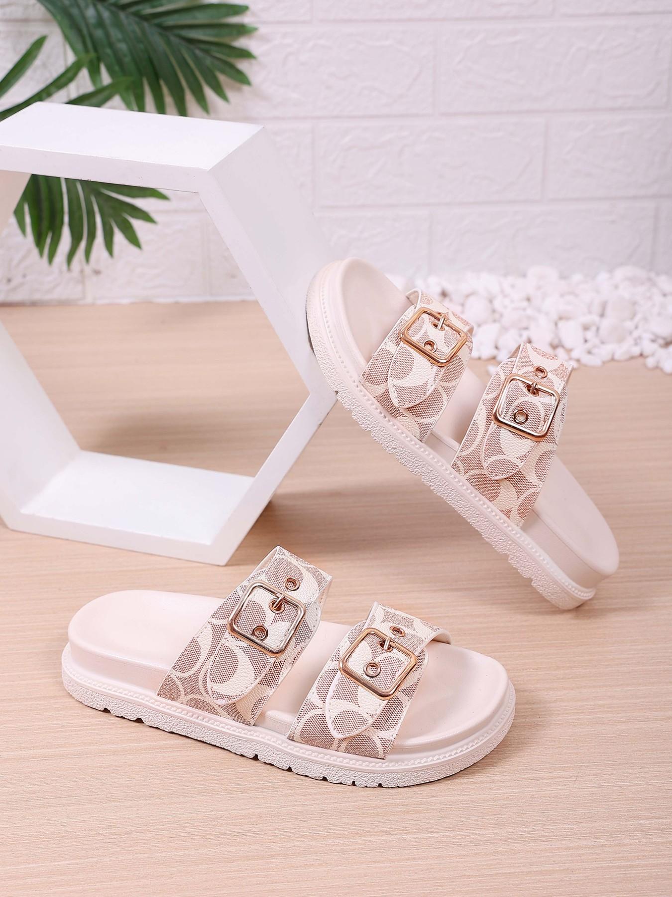 European Style Thick Sole Buckle Sandals for Women, Versatile Plain PU Leather Summer Beach Shoes, Casual Open-Toe Flip Flops