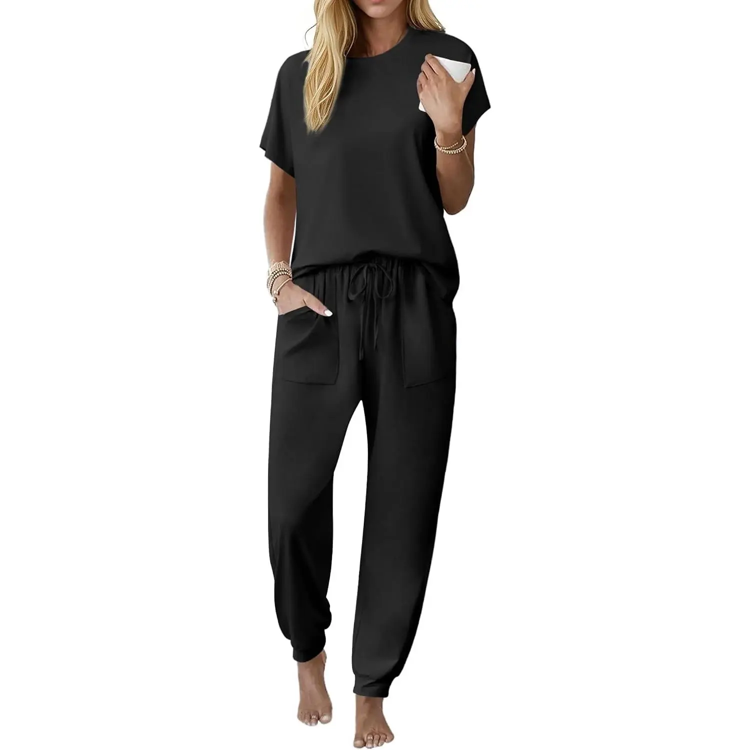 Women's 100% Cotton Pajama Sets 2 Piece Jogger Pants Lounge Sets - Soft Breathable Cotton Fabric, Relaxed Fit Crew Neck Loungewear Set, Ideal for Home Relaxation and Casual OutingsGift