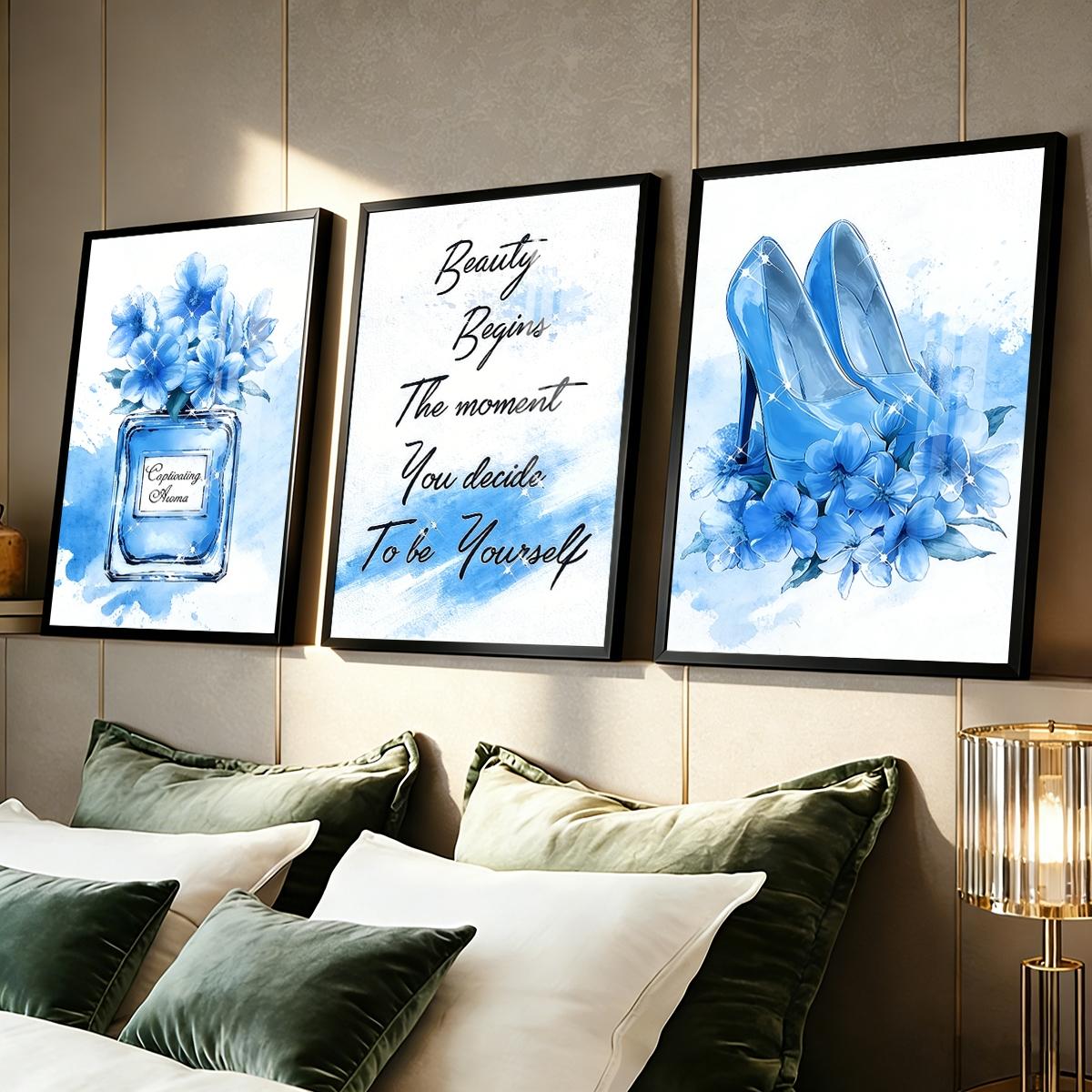 3 Counts Aluminum Alloy Framed Painting, Blue High Heels Perfume And Flowers Illustration, Home Decoration For Living Room, Bedroom, Office, Restaurant, Hallway Wall Decor, Odorless Print Artwork, Luxury Perfect Gift For Friends And Family