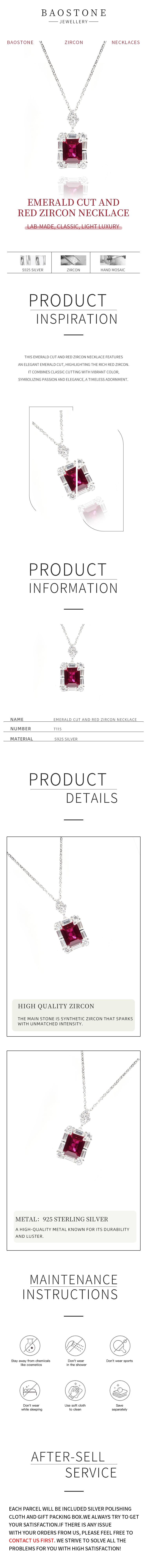 BAOSTONE Lab Created Artificial Gemstone Ruby 925 Silver Synthetic Ruby Necklace-EMERALD CUT AND RED ZIRCON NECKLACE-#T115